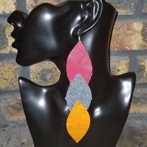 Handcrafted orange, red, and denim Leather and denim earrings